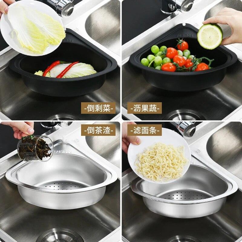 Nerezový rohový dřez Odkapávací stojan Držák baterie Sítko Cedníky na odpadky Odkapávací úložná polička Kuchyňský organizér