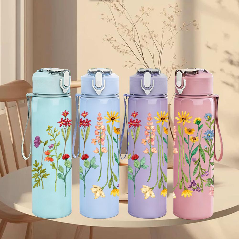 1PC Wildflower Meadow 750ml Color Plastic Sports Water Bottle Leakproof Flip Straw Lid Suitable for Sports Office Home Use