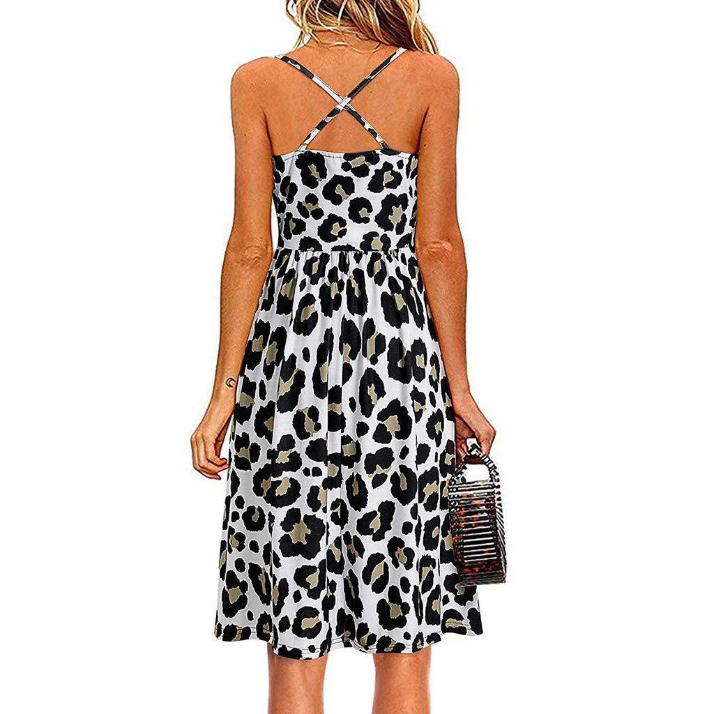 Fashion Women's Print Casual V-neck Sleeveless Button Suspender Dress
