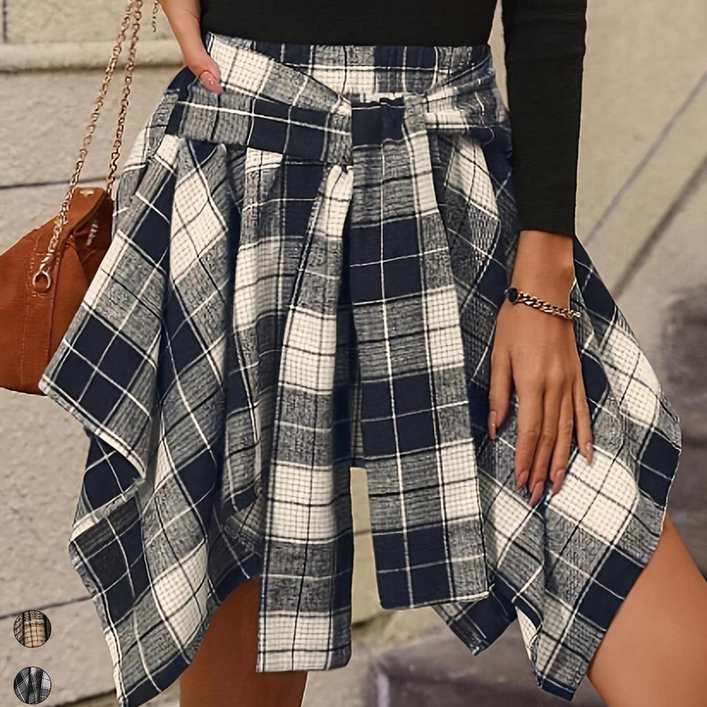 Women Spring Summer High Waist Plaid Printed Irregular A Line Skirt