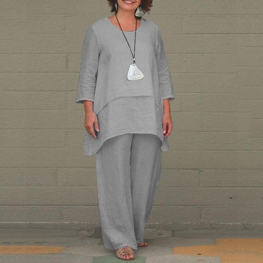 New Women's Linen-Blend Casual Loose Long Sleeve Set Wide Leg Pants Two Piece Outfit