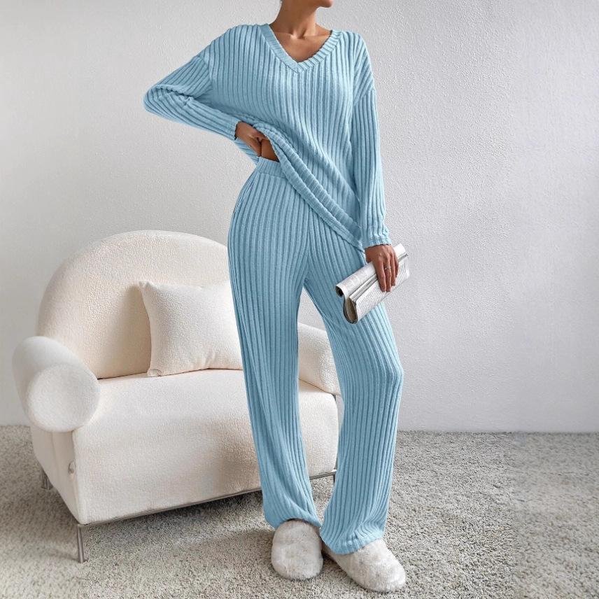 Autumn and winter cross-border European and American new fashionable casual straight-leg pants, elegant loose V-neck groove strip two-piece set 