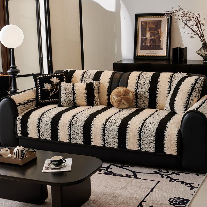 Sofa Cushion  New Thousand Bird Grid Thickened Plush Seat Cushion High-end Non-slip Leather Sofa Cover Winter Cover
