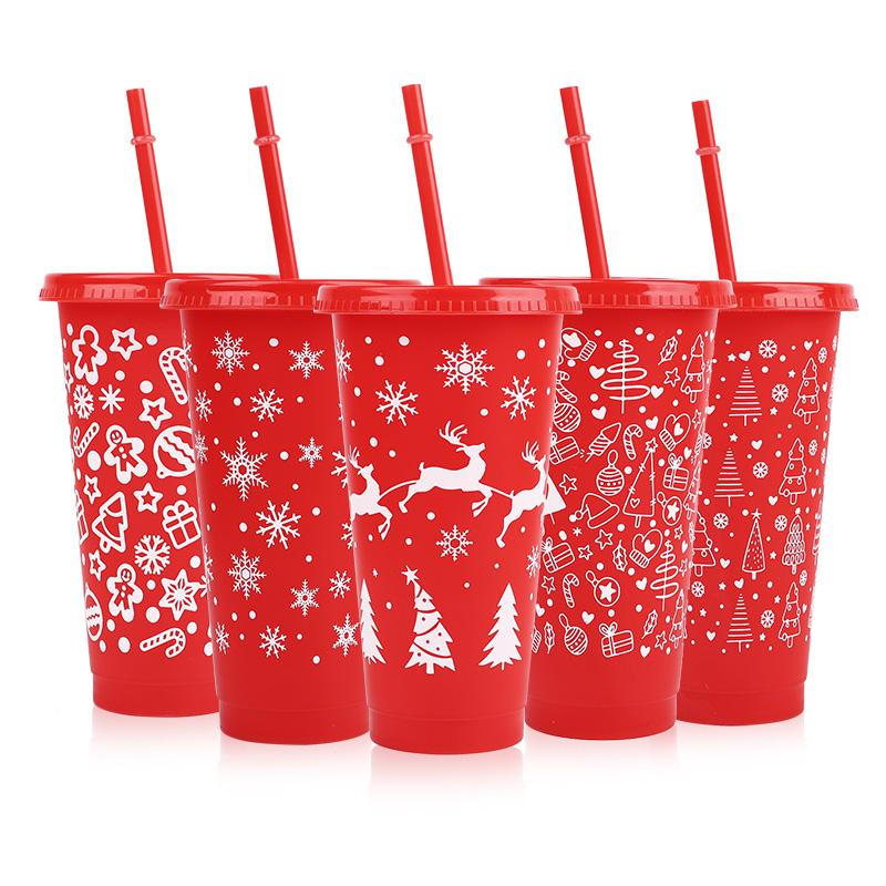 5Pack 24oz Christmas Plastic Cup with Lids Straws Reusable Christmas Juice Coffee Drinking Cups 2026 New Year Gifts Xmas Navidad