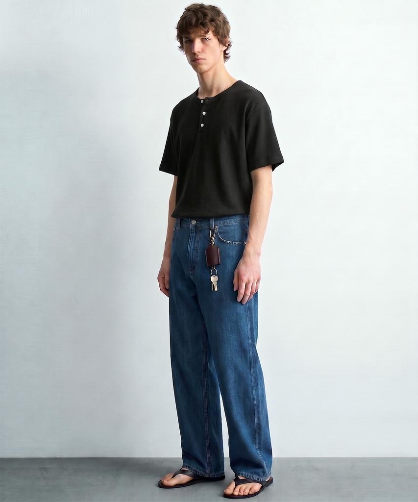 DE GRAND MATIN Waffle Henley-Neck T-Shirt_Black