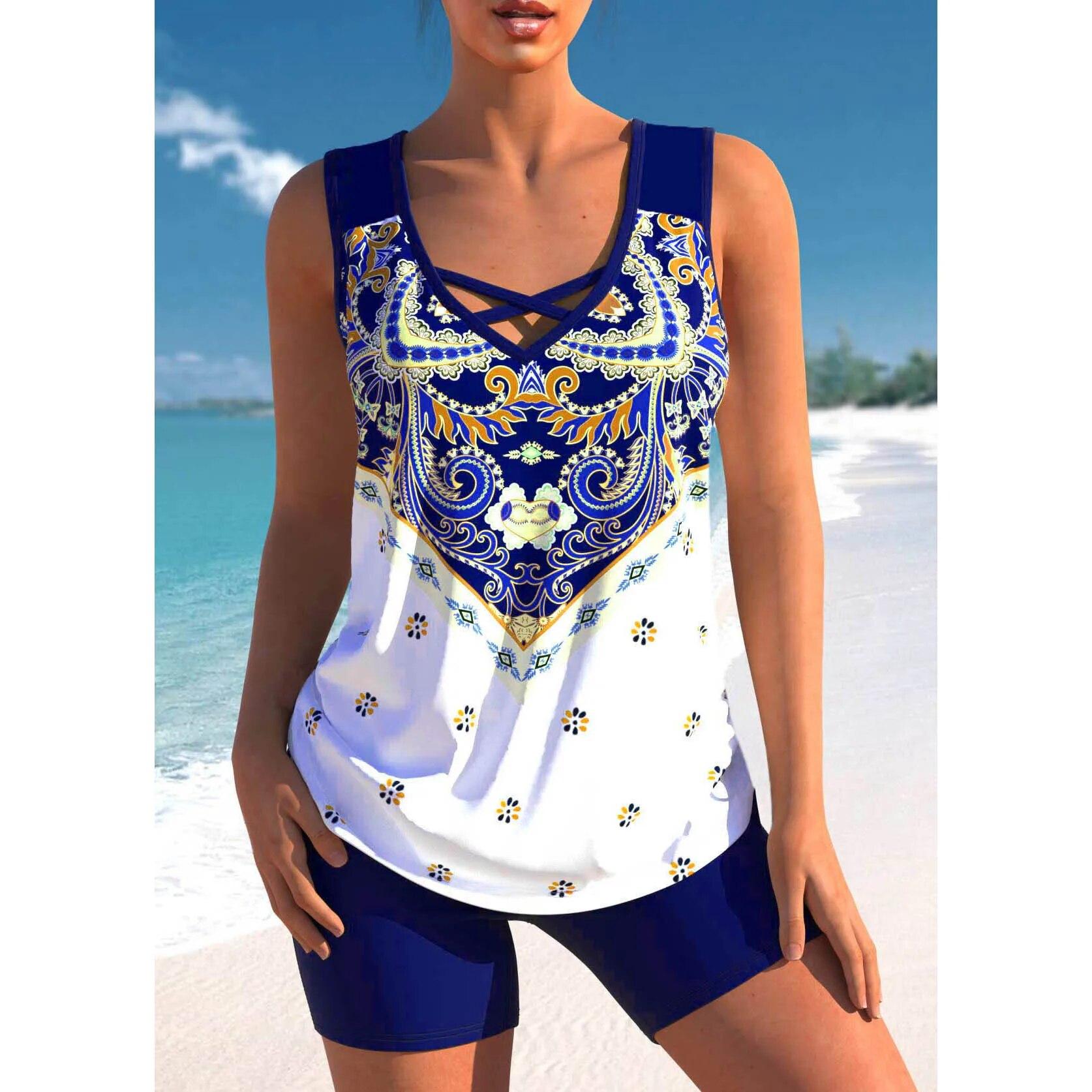 

2024 Новий модний принт Купальники Літні жіночі сексуальні купальники з високою талією Жіночі купальники з двох частин Плавники Танкіні Пляжний одяг 4XL