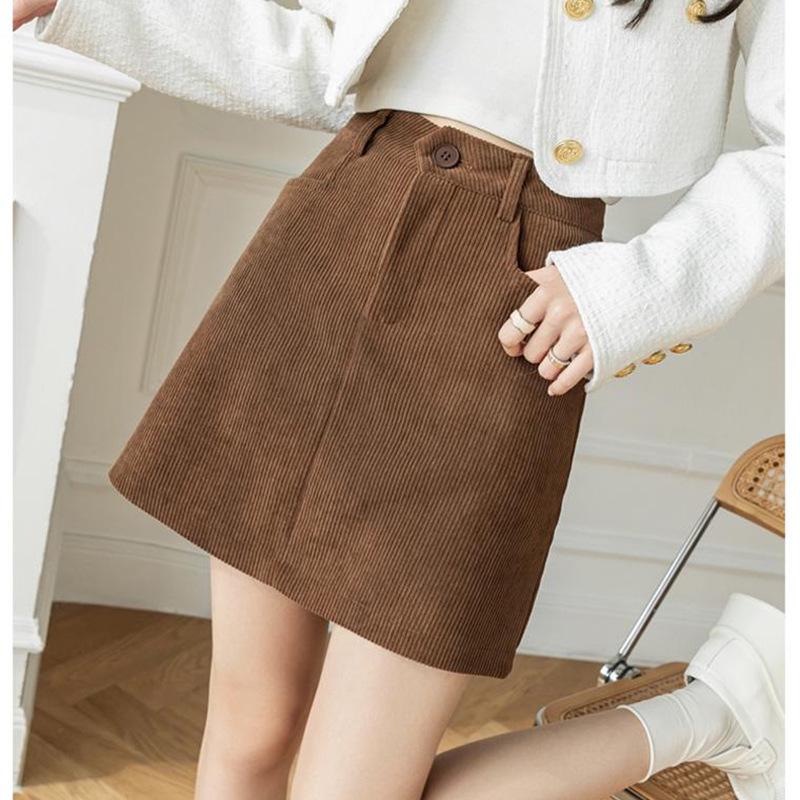 Plus Size Women's Coffee Corduroy A-line Skirt - Autumn/Winter Hip-Hugging Retro Brown Short Skirt