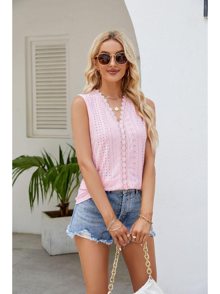 2024 Summer Women's Hollow Sleeveless V-Neck Patchwork Tank Top