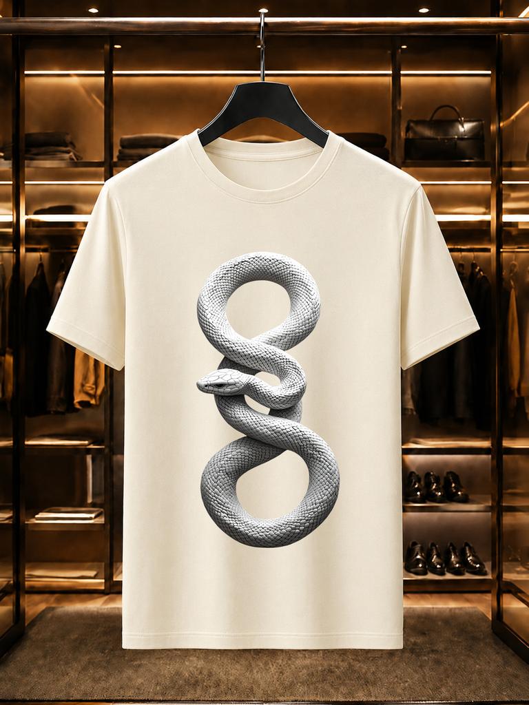 2026 New Arrival 100 Cotton Tshirt 3d Stereo Coiled White Snake Print Dark Style Crew Neck Casual Short Sleeve