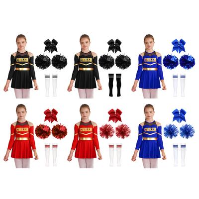Mädchen Cheerleading Tanzoutfit Kontrastfarbe Buchstabenprint Off-Shoulder Schlüssellochrücken Langarm Turnanzugkleid