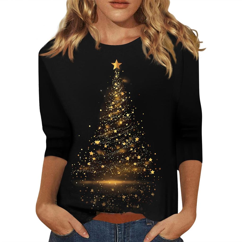 Women's Fashionable Casual Three Quarter Sleeve Christmas Printed Collar Pullover Top