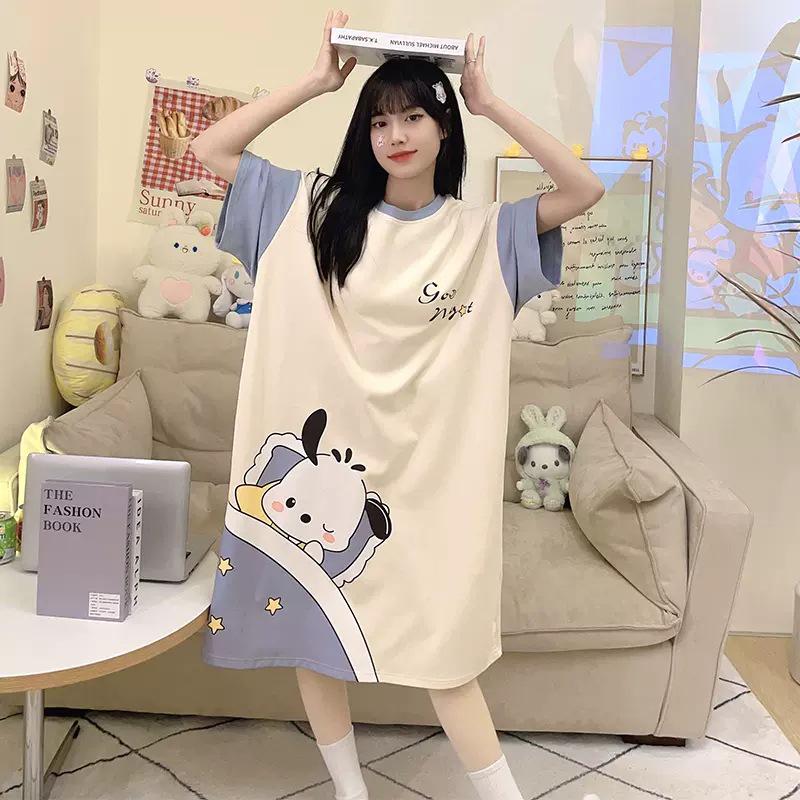 

Women s Cute Cartoon Summer Pajama Dress - Short Sleeve, Mid-Length Skirt, Round Neck, Imitation Cotton One Size (M-2XL)