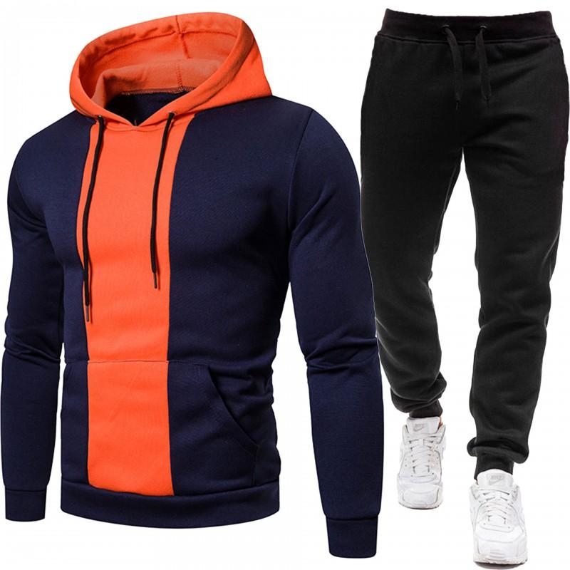 Mens Casual Hooded Long Sleeve Solid Color Stitched Two-Piece Set Winter Sportswear Outfit