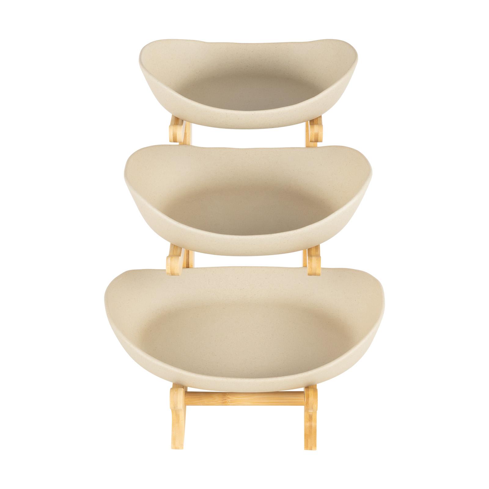 

3 Tier Fruit Bowl Bamboo Ceramic Stand, Multi-Snack Server for Kitchen Counter, Party, Dining Room, Vertical Storage Organizer коричневый
