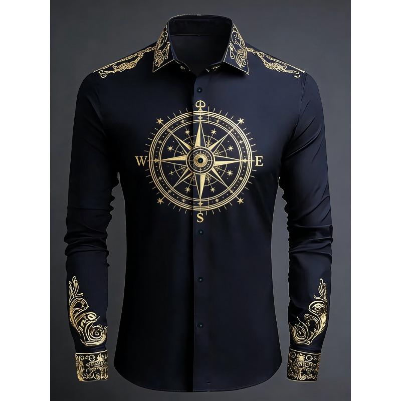 2026 Men's Light Luxury Retro Long Sleeve Shirt Gold 3D Printed Shirt Beach Vacation Outdoor Social Clothing Men