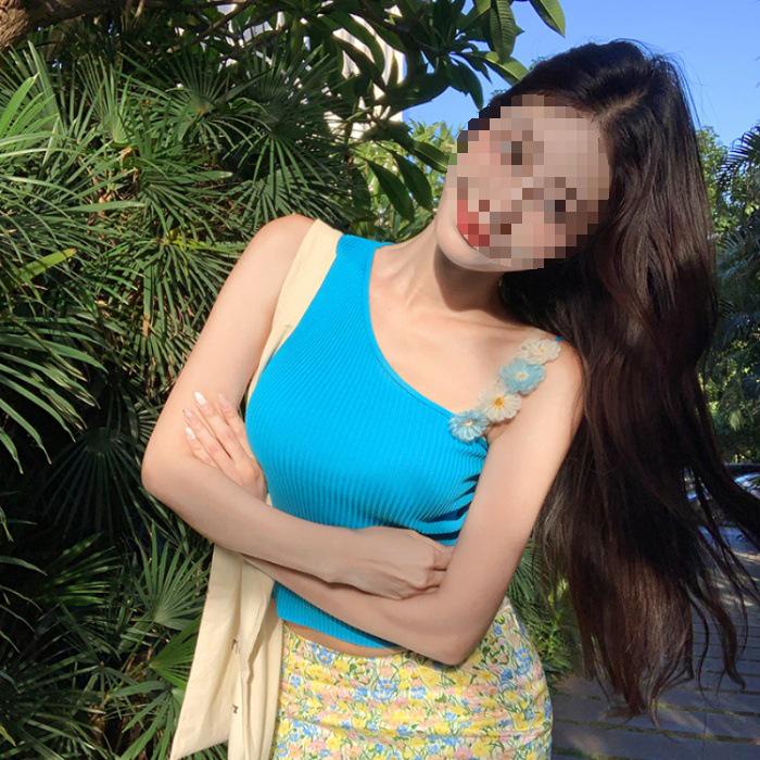 Женский желтый вязаный топ-майка в цветочек с открытыми плечами - Летний сладкий и пикантный стиль, Облегающий, Неровный для многослойности One Size синий