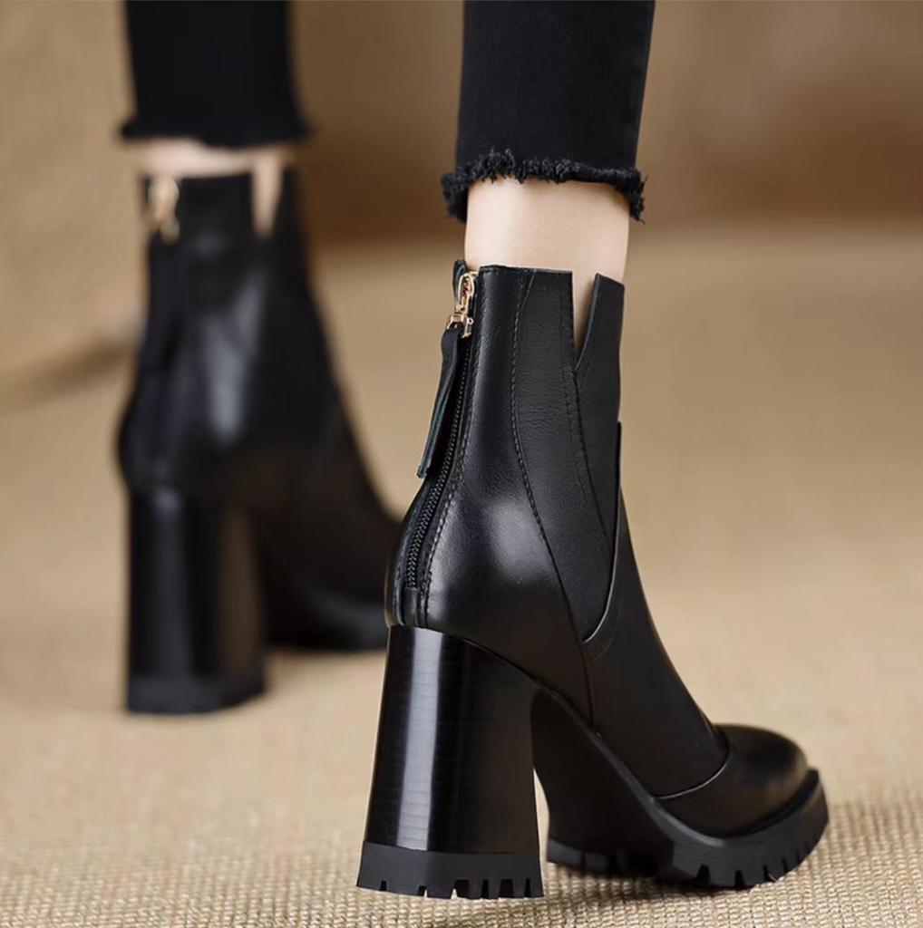Fashion Women's High-heeled Ankle Boots  Fashion Pointed Toe Zipper British Retro Anti Slip Women's Short Boots Botas Mujer