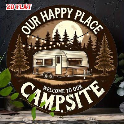 D Flaches Metallschild Unser glücklicher Ort Campingplatz Vintage Wohnmobil Camper Van Retro Wald Metallposter Runde Wandkunst für Camping im Freien B