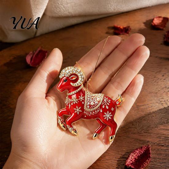 Durable Hanging Collection Acrylic Goat Christmas Tree Pendant, Decorative Ornament with Xmas Pendant Rhinestone, Golden Cord for New Year Party