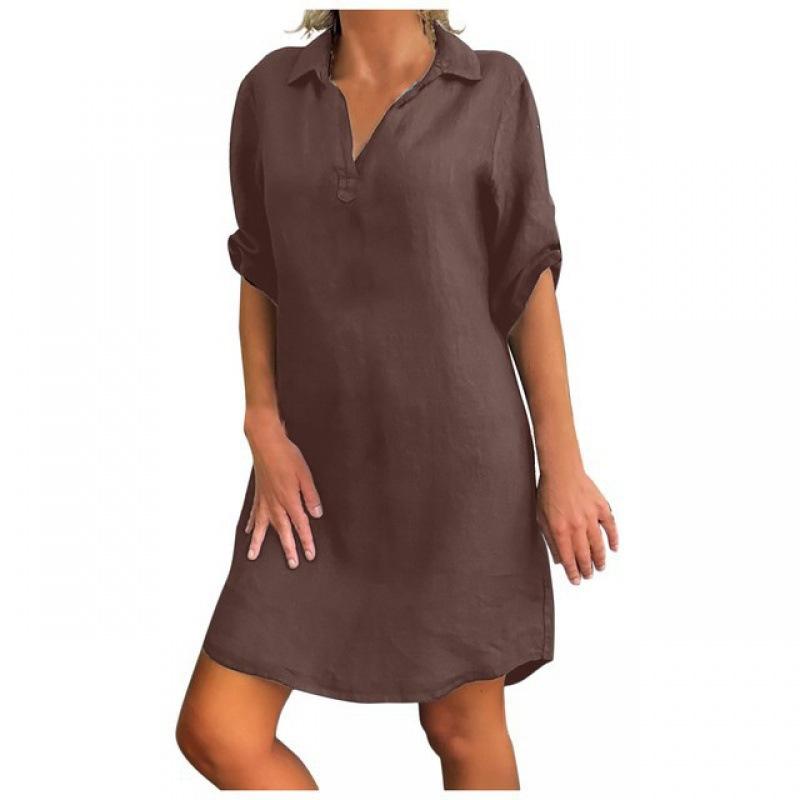 Cotton and Linen OL Blouse Dress Retro Casual Lapel Short-sleeved Loose Solid Mini Dress