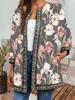 Women's Crew Neck Long Sleeve Cardigan Oversized Vintage Ethnic Print Plus Size Open Front Jacket Casual Outerwear
