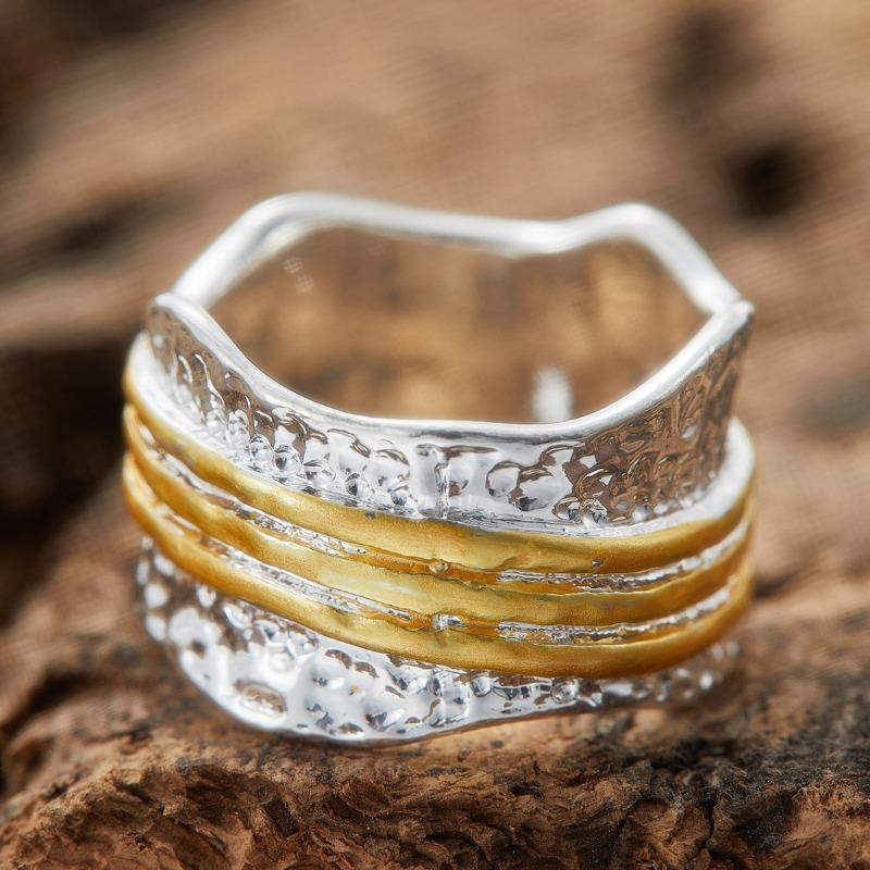 Huajie Damen Hämmered Wellenringe Zweifarbig Unregelmäßig Antiksilber Farbe Breit Vintage Neuer Ring Mode Trend