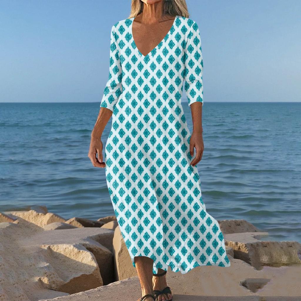 Kleider für Damen Vintage Print Tunika Tailliertes Midi-Kleid Sommer Casual 3/4 Ärmel Kleid