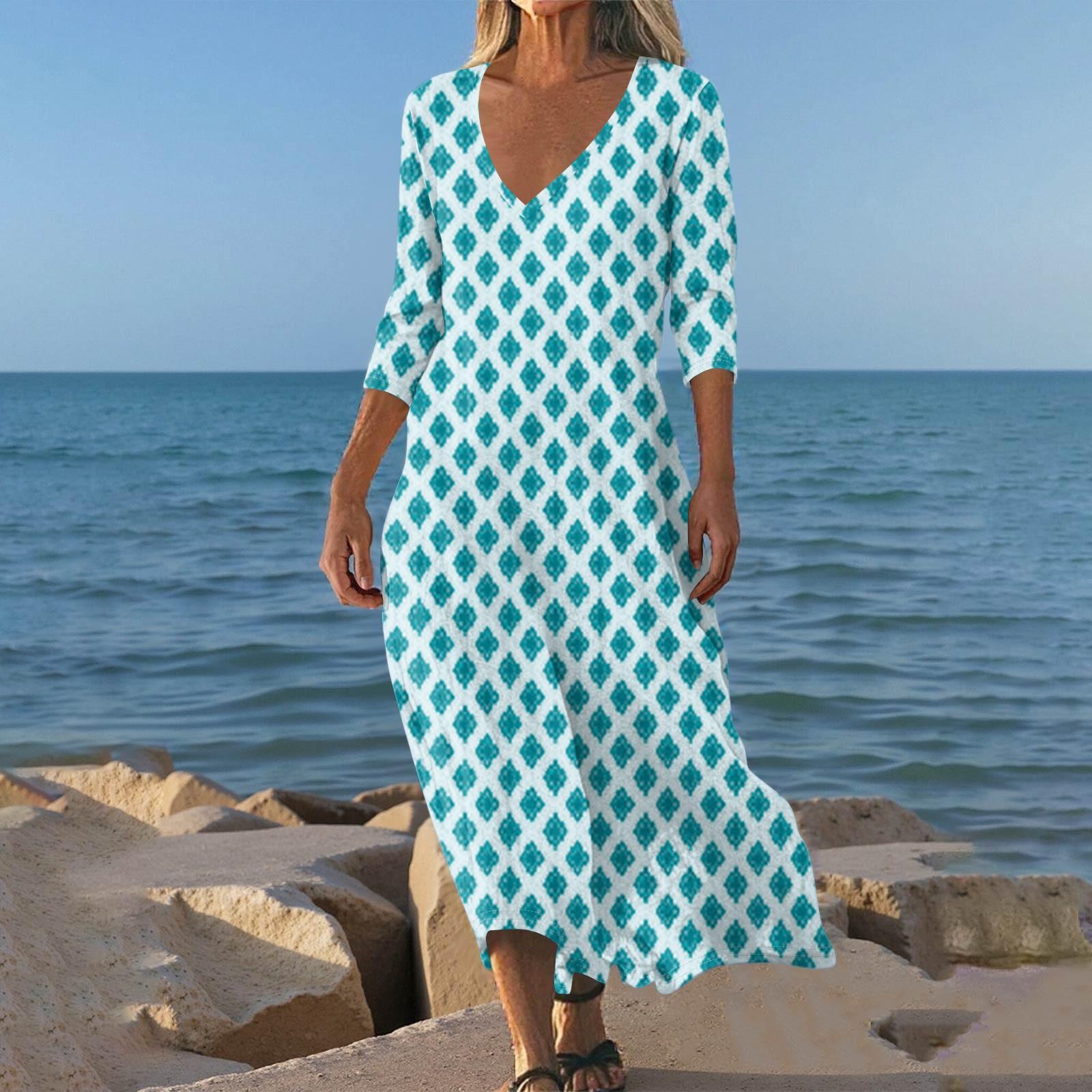 

Платья для женщин Винтажный принт Туника с завышенной талией Миди платье Летнее Повседневное платье с рукавом 3/4 S