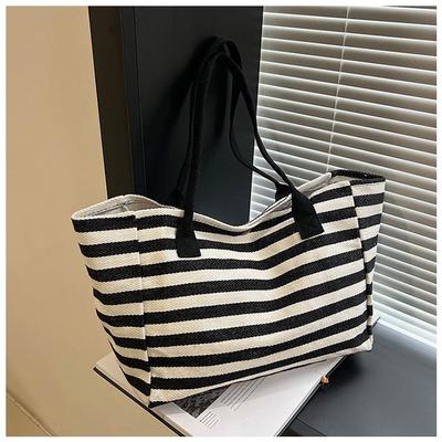 2024 Gestreifte Canvas Pendler-Tragetasche - Damen Große Kapazität Schultertasche