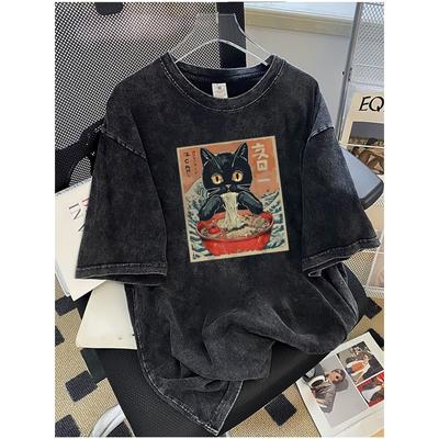 Summer Washed Men's Cotton T Shirt Samurai Cat Eating Ramen Pattern Print Street Fashion Style Suitable