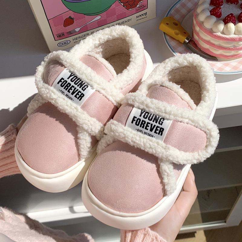 Women's Retro Velcro Cotton Slippers - Non-Slip, Warm Velvet, Full Heel for Autumn/Winter.