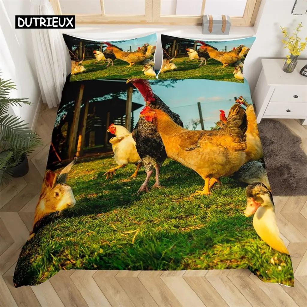 Duvet Cover Pastoral Scenery Animal Chicken Twin Country Sunflower Rooster Comforter Cover Microfiber Rustic Barn Bedding Set