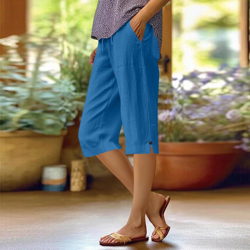 Pants For Women Casual Summer Solid Color Elastic High Waist Cotton And Linen Loose Pants Drawstring Pocket Mid Leg Pants