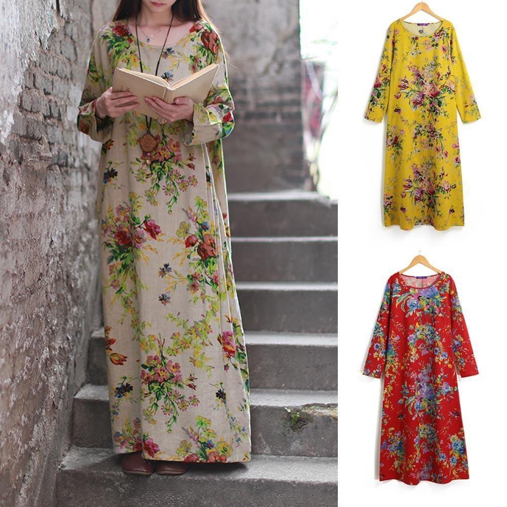 Vintage Women Casual Boho Dress Maxi Loose Long Cotton Dress Floral Sleeve Linen