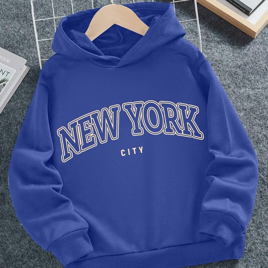 New Fall/Winter Style Cool Trendy Letter New York Design: Unique Sporty Hooded Casual Long-Sleeved Sweatshirt for Boys