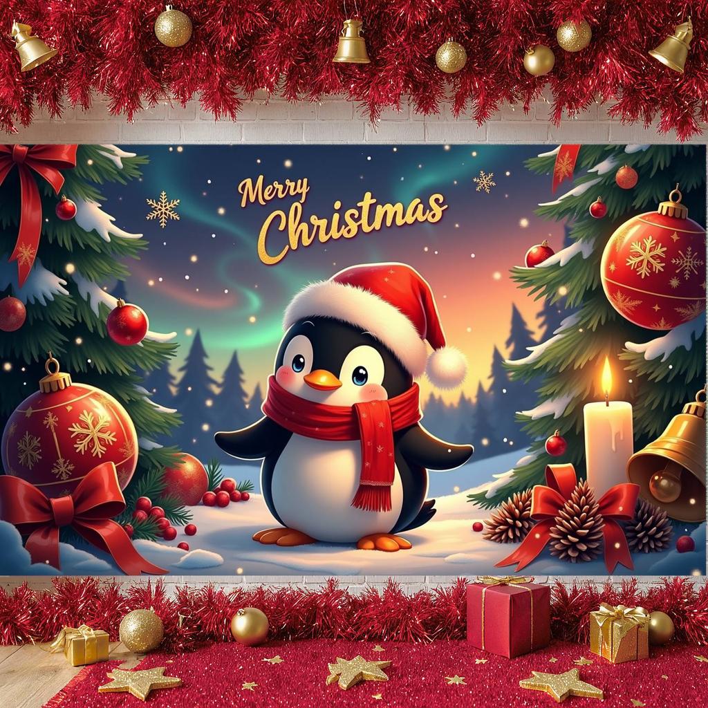 Holiday Decor Banner Penguin Theme Christmas Tree Banner Merry Christmas Banner Holiday  For Home Decoration Holiday Indoor