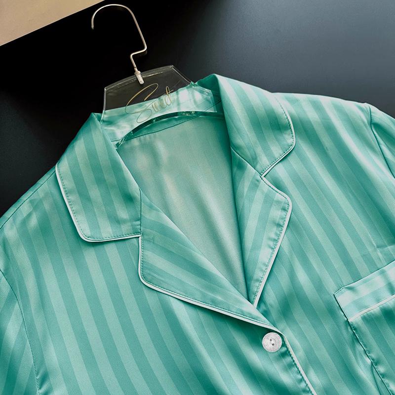Summer Short Sleeve Tops and Shorts Pajamas for Woman Korean 2 Piece Women Set Silk Fashion Sleepwear Elegant Green Stripe Satin Pajama Set Young Girl