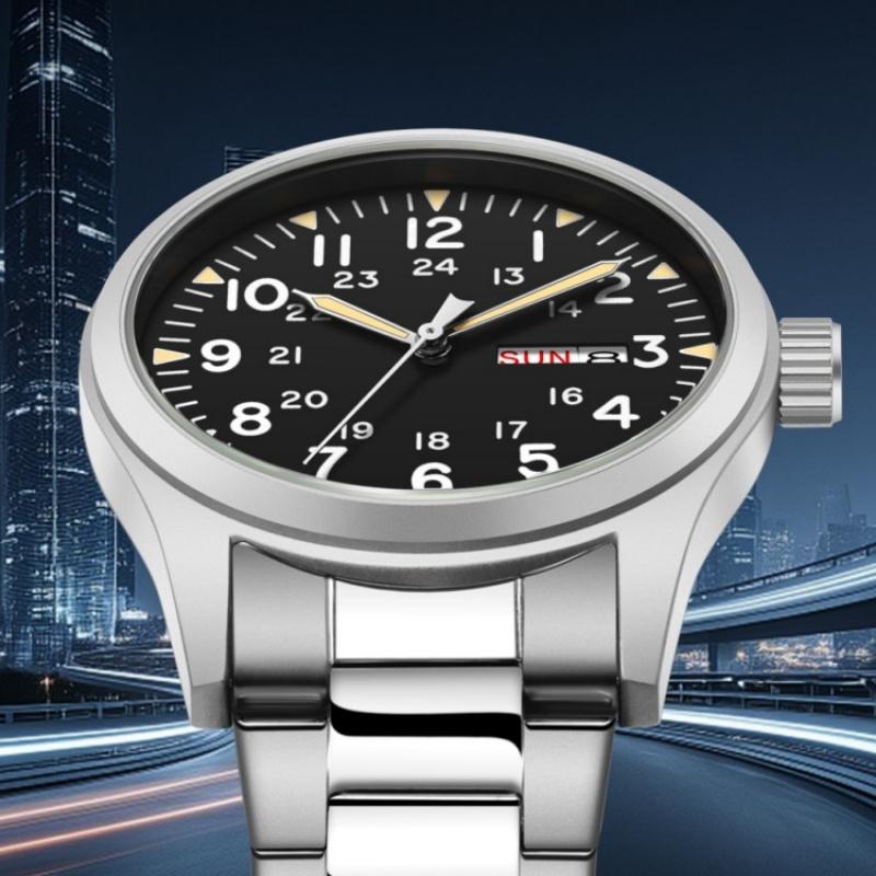 Heren 38mm Lichtgevende Wijzerplaat Dag Datum Horloge Licht op in het Donker Groen 30M Waterdicht Veldhorloge met Roestvrijstalen Band Beste Cadeaus Klok