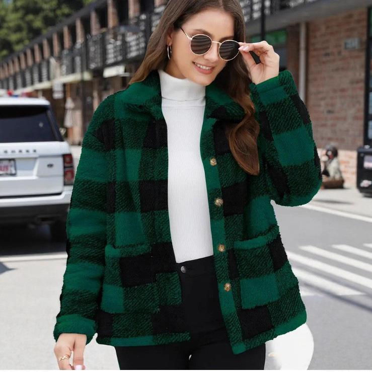 

Женское клетчатое пальто из искусственного меха с белым свитером с высоким воротником, модная зимняя верхняя одежда черного цвета 5XL зелёный