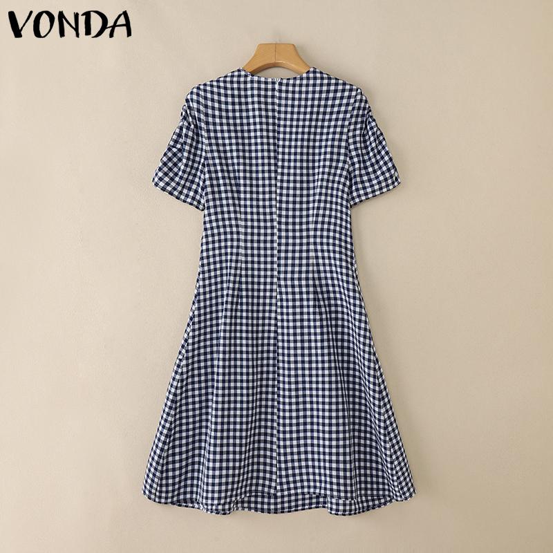 VONDA Women Stitching V Neck Short Sleeve Plaid Print Casual Pleated Dress