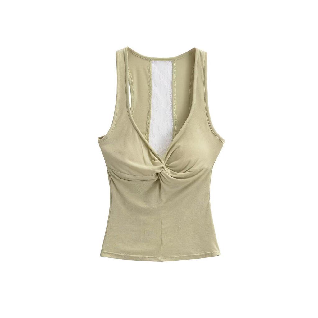 Twisted Back Lace Patchwork Blue Spaghetti Strap Tank Top for Women - Summer Sleeveless Top, Multicolor.