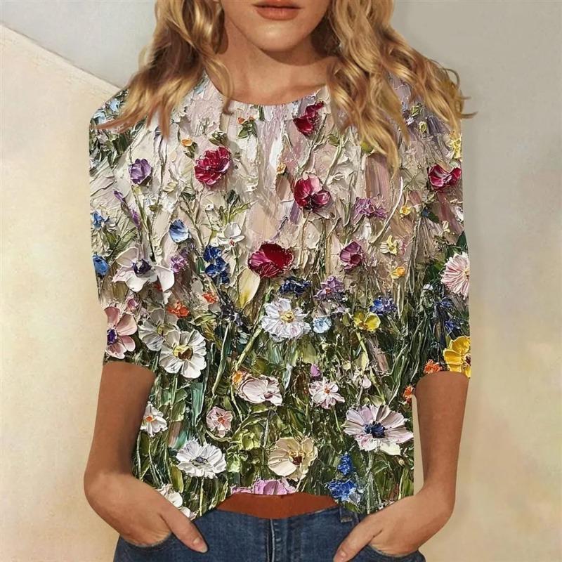 Sommer Damen 3D-Druck Rundhals Langarm T-Shirt Mode Vielseitig Atmungsaktiv Trend Lässig
