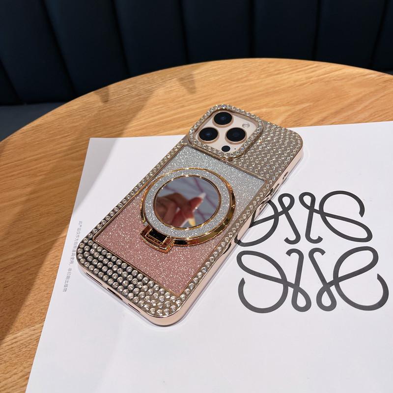 Applicable To Apple 16 ProMax Diamond inlaid Flash Powder Mirror Bracket Mobile Phone Case Magnetic IPhone 15 Luxury Protective Case