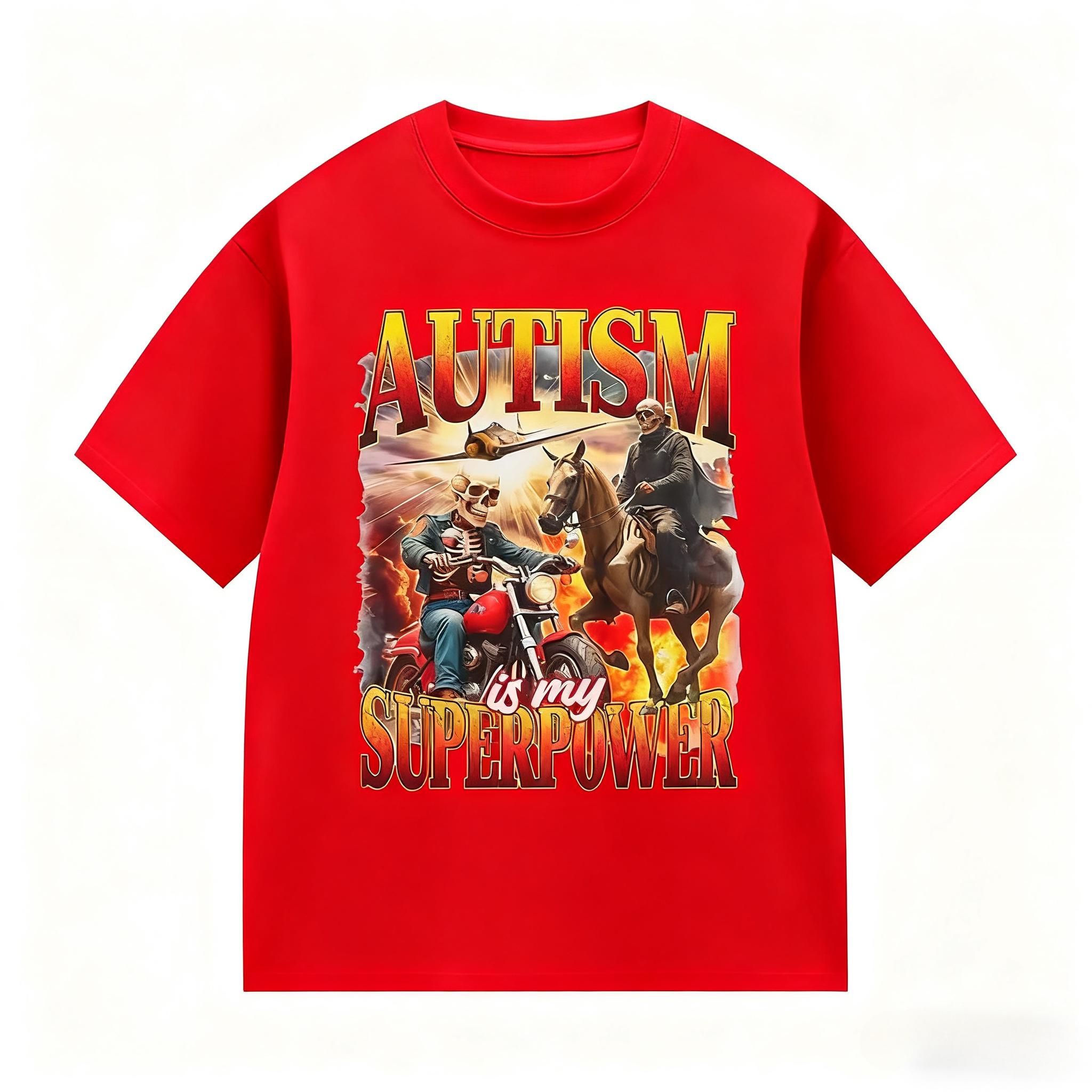 

Autism Is My Superpower Gothic Pattern T-Shirt Fun Casual Cute Bicycle Short-Sleeve T-Shirt Summer Round Neck T-Shirt Unisex 4XL