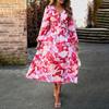Women Autumn Winter Long Sleeve Print V-neck Casual A-Line Knee Length High Waist Dress