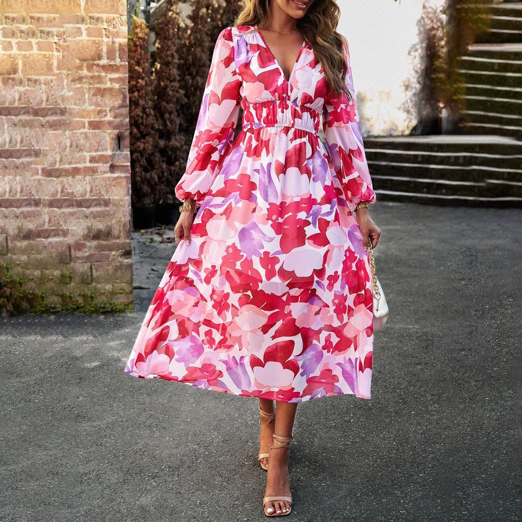 Women Autumn Winter Long Sleeve Print V-neck Casual A-Line Knee Length High Waist Dress