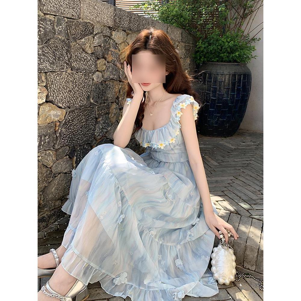 Blue suspender dress women's summer new seaside vacation super fairy three-dimensional flowers super beautiful gentle wind dress