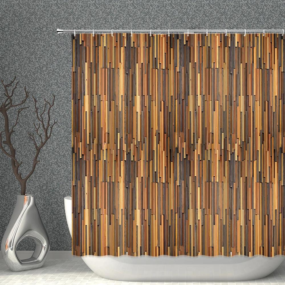 Straw Weave Shower Curtains Waterproof Wood Grain Stone Pattern Golden Cloth Bath Curtain Set Multi-size Screen For Bathroom