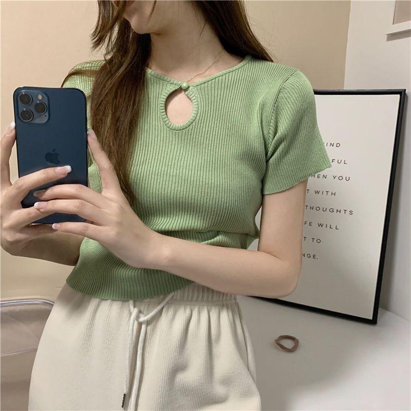 

Летняя сексуальная трикотажная футболка с короткими рукавами и ажурными пуговицами с женским дизайном Sense Short Style Interior Look Thin Bottom Shirt Top L