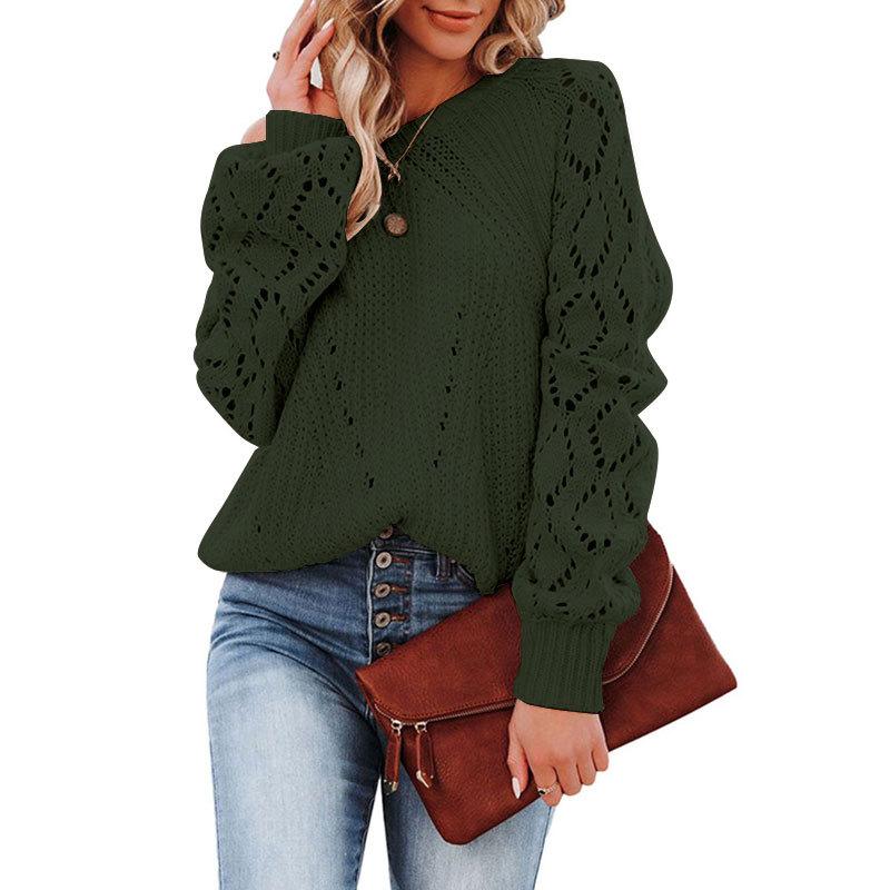 Europe, America Autumn and Winter New Ebay Hollow Pattern Knitted Sweater Round Neck Solid Color Loose Fashion Pullover